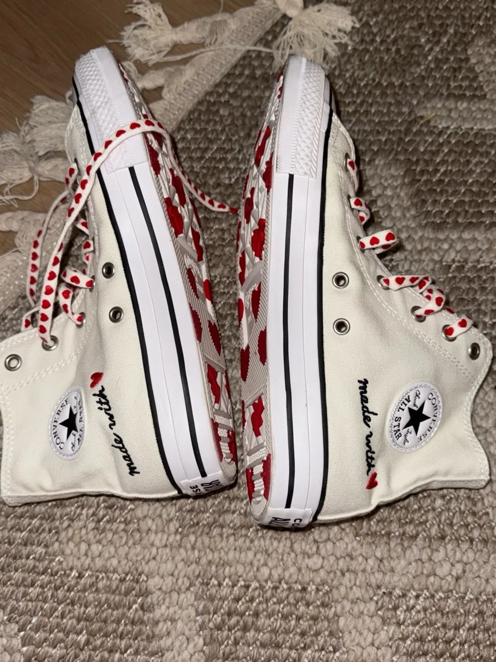Converse High-Top Sneakers in Off-White with Red Heart Laces